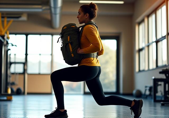 Client performing weighted pack lunges in a gym